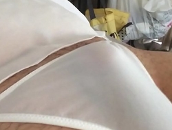 Tiny dick crossdresser wearing sexy white lingerie